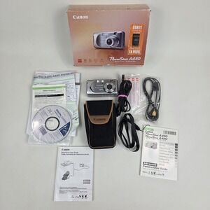 Canon Powershot A430 Digital Camera w/ Box + Accessories Silver Tested Clean